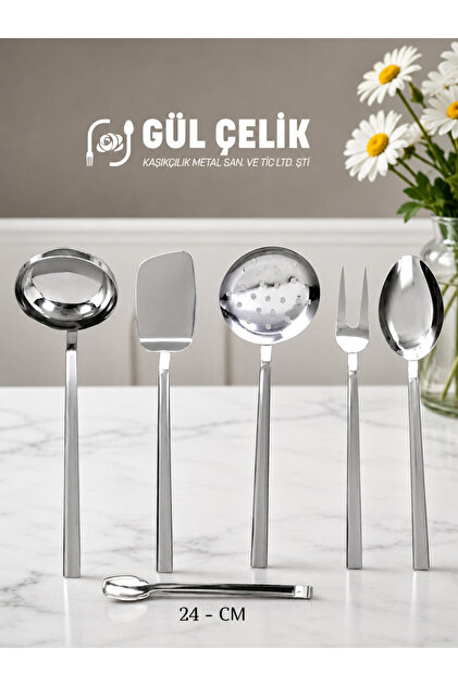 6'Lı Servis Seti Kepçe Kevgir Kaşık Spatula Çatal Maşa 18/0 Kalite