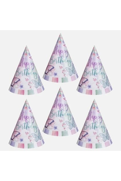Coifuri Petrecere Hartie Happy Birthday, 6 Bucati, Fluturi, Roz Alb Verde Menta, 16 cm