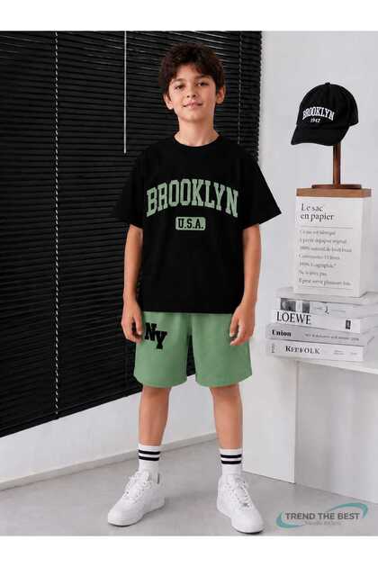 Summer Green Brooklyn Usa Printed Boys' Green Shorts and Black T-Shirt Set