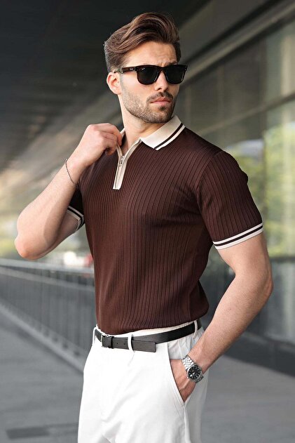 Madmext Brown Half Zip Polo Collar Knitwear Men's T-Shirt E7501