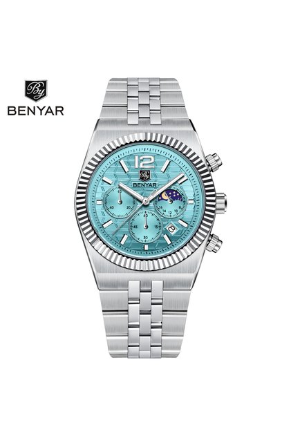 Ice Blue 2025 New BENYAR Men's Watches Top Luxury Chronograph Quartz Watch For Men Moon Phase Stainl
