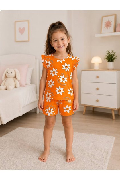 Girls' Cotton Summer Thin Fabric Orange Daisy Pattern Short Sleeve Shorts Summer Pajama Set