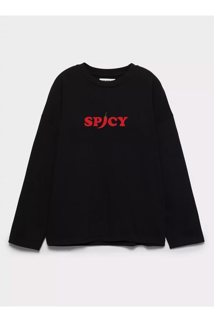 100% Cotton Oversize Fit Spicy Printed - Crew Neck Long Sleeve T-Shirt