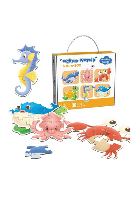 Joc puzzle pentru copii 6 în 1, Simplă Bucurie, 3/4/5/6/7/8 piese, 6 Animale marine: Căluț de mare, Crab, Rechin, Broască țestoasă, Pește, Caracatiță, pentru băieți și fete, 2 ani +