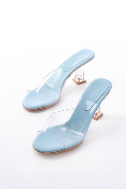 Zri̇n-619 Baby Blue Patent Leather Transparent Strap Transparent Heeled Round Toe Women's Slippers