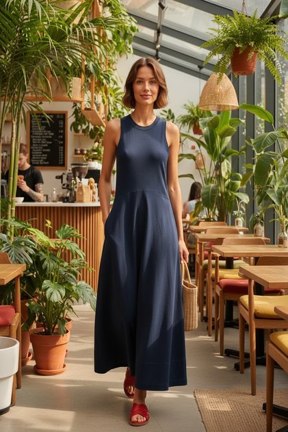 Navy Blue Sleeveless Long Cotton Combed Dress
