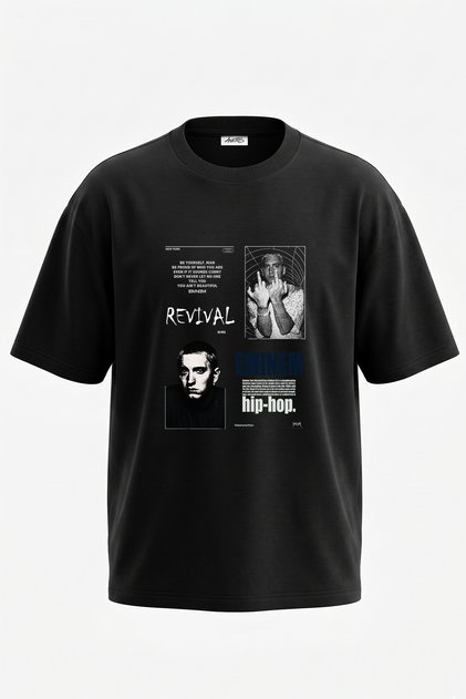 تي شيرت أسود كبير الحجم مطبوع بتصميم Eminem_51 للجنسين