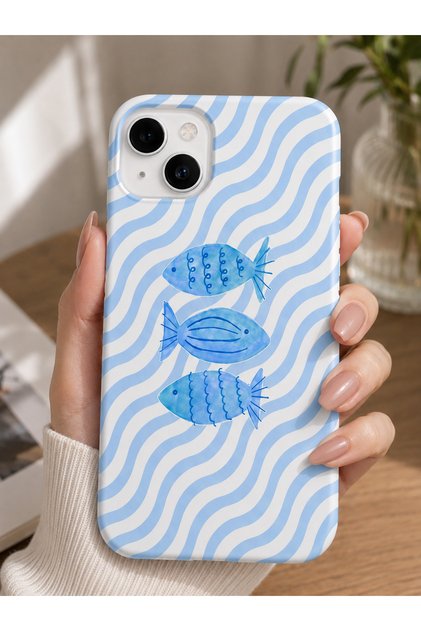 İPhone 13/14/15 Uyumlu Mavi Balık Desenli Kadife Soft Telefon Kılıfı