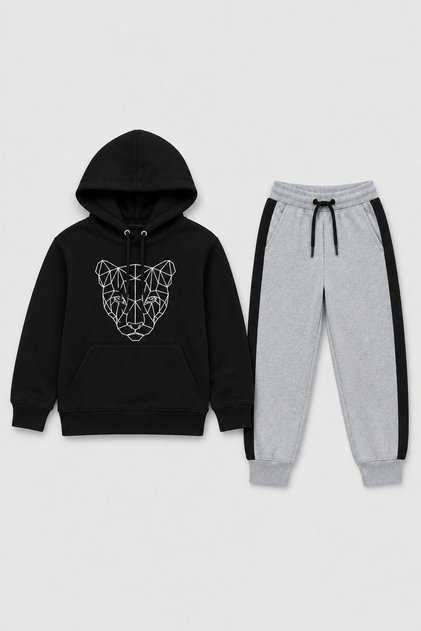 Lion Drawing Printed Unisex Children's Tracksuit Set with Kangaroo Pockets