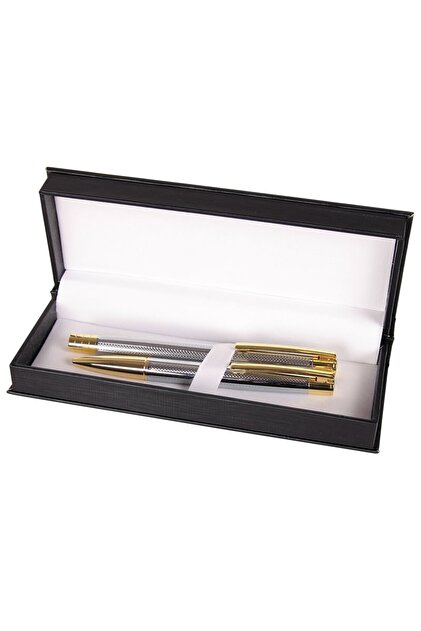 Set cadou stilou + pix Cresco Elegant E850054, corp metalic argintiu clips auriu