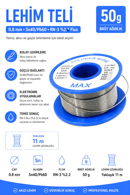 MAX 50 gr Lehim Teli 0.8 mm, Sn40/Pb60, RN-3 %2.2 Flux
