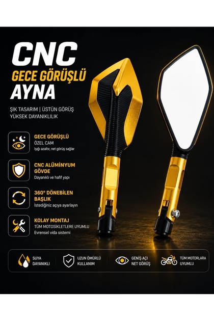 Motosiklet Modifiye Aynası Gece Görüşlü gold CNC AYNA 10-8 MM HER MOTORA uyumlu bağlanI ELAMANLARI var