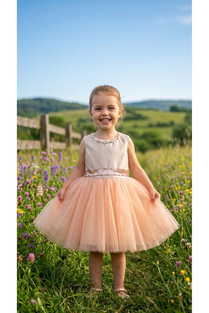 Girl's Beaded Collar Heart Back Detail Sequin Belted Tulle Evening Dress 1-5 Years Birthday, Special Occasion, Wedding