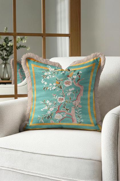Japanese Floral Bird Fringe Pillowcase - Exotic Spring Boho Turquoise Mink Tassel Throw Pillow Cover