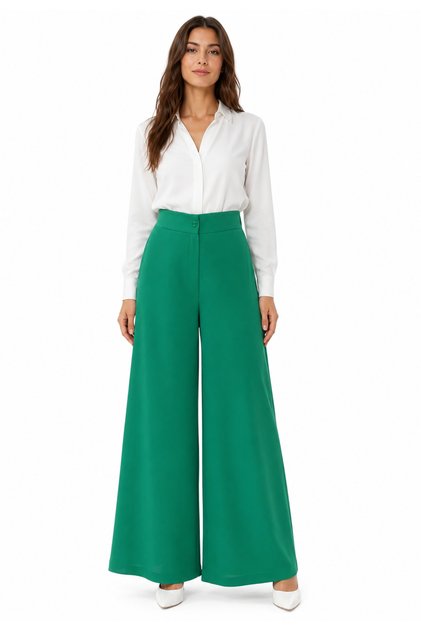 Beli Lastikli Kadın Yeşil Pantolon Geniş Paçalı İç Göstermeyen Kumaş - Kadın Tesettür Kumaş Pantolon