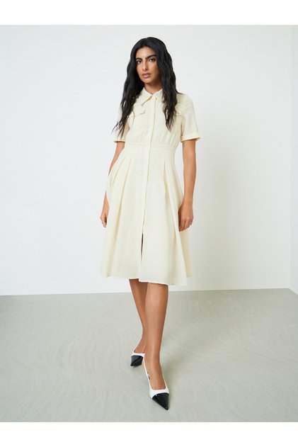 Beige Solid Pleated Shirt Midi Dress