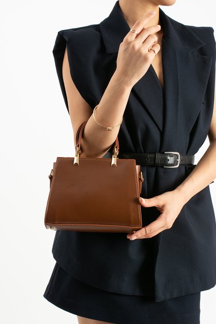 Tan Women's Crossbody Hand and Shoulder Bag with Gold Accessories