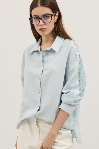 Baby Blue Sleeve Lace Embroidered Women's Shirt