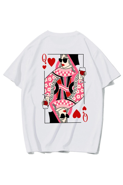 Unisex Oversize Queen of Hearts Playing Card Girl Q T-Shirt (White)