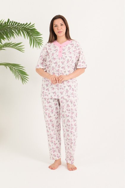 Women's Plus Size Buttoned Collar Floral Patterned Long Sleeve Oversized Mother's Pajama Set 100% Cotton