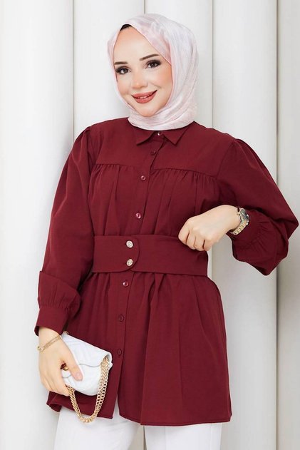 Women's Long Sleeve Waist Belted Shirt Collar Balloon Sleeve Buttoned Hijab Tunic Shirt