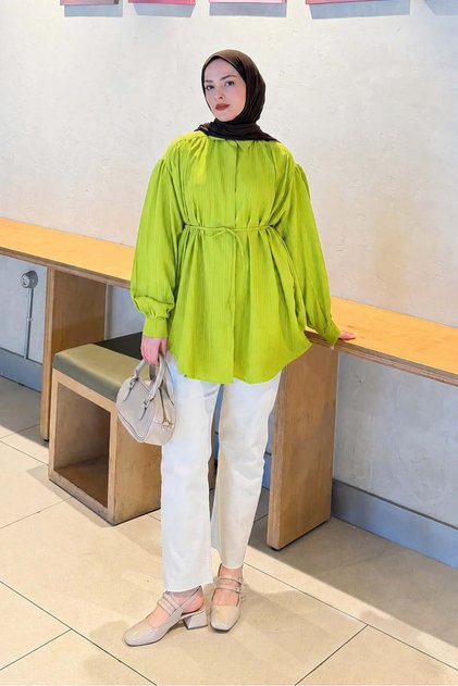 Tie-Dye Detailed Hijab Shirt Oil Green 2