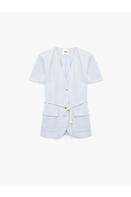 Linen Blend Pocketed Lace-Up Detailed Short Sleeve Blazer Jacket