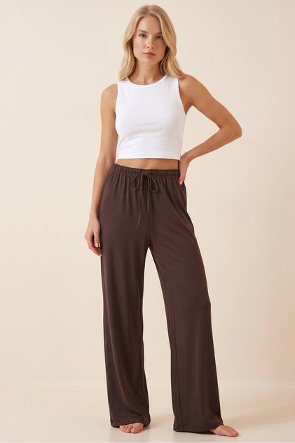 Women's Bitter Brown Elastic Waist Lace-Up Wide Leg Trousers