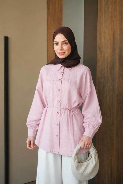 Women's Front Hem Detail Waist Tie Shirt Powder