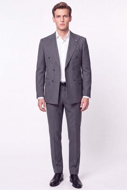 Slim Fit 96% Wool Double Slit Striped Gray Double Breasted Suit Tk 954