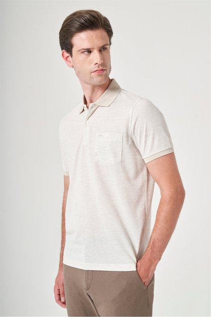 Ecru-Brown Knitted Polo Collar Short Sleeve Pocket Comfort Fit Cotton T-Shirt 1011260161