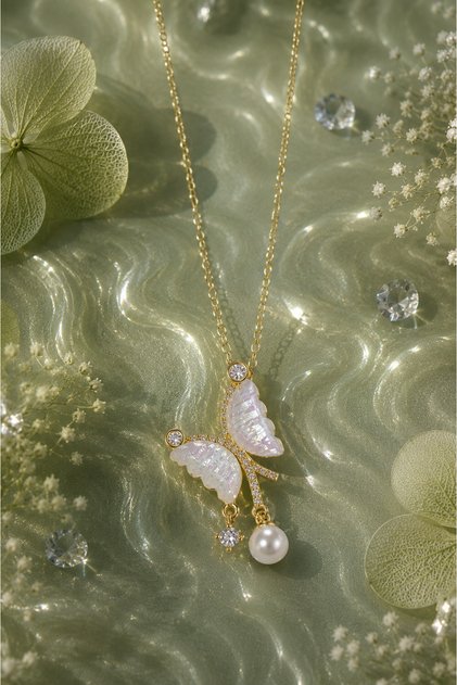 Pearlescent White Butterfly Bead Dangle Steel Necklace (Gold Color)