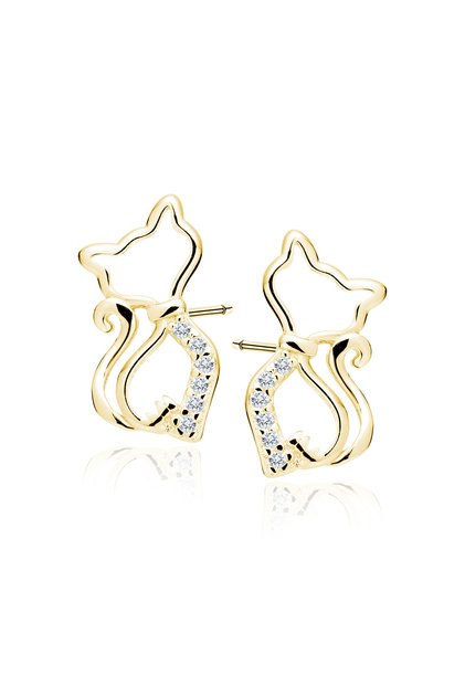 Cercei pentru copii model știft din argint 925 placați cu aur de 14K, pisicuțe cu zirconii albe, 14x7 mm