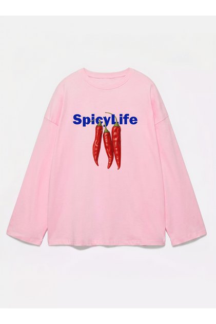 100% Cotton Oversize Fit Spicy Life Printed - Crew Neck Long Sleeve T-Shirt