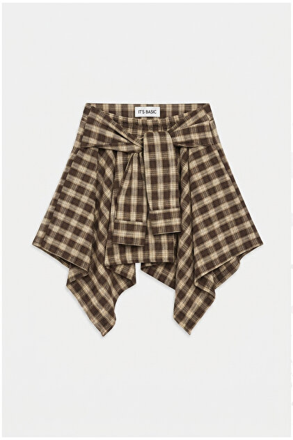 Women's Brown Plaid Asymmetrical Cut Skirt with Shorts