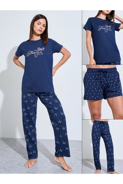 Pack of 3 - Navy Graphic Print T-Shirt, Shorts and Pyjama Set