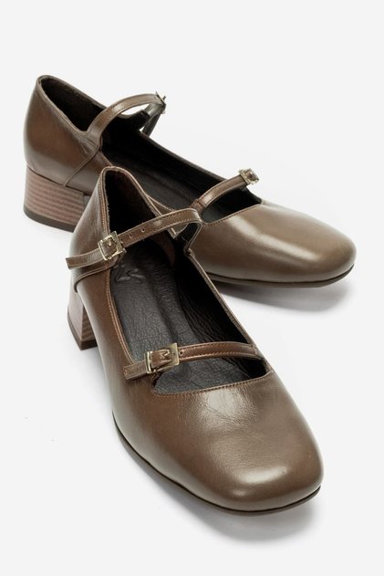 Ferfina Women's Genuine Leather Shoes Khaki Thick Short Heeled Mary Jane