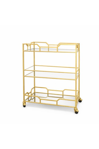 3-Tier Rolling Bar Cart with Glass Shelves, Tempered & Mirror Glass Storage Trolley, Metal Serving Cart with Wheels & Lockable