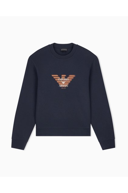 Men's Regular Fit Logo Printed Round Neck Cotton Long Sleeve Navy Blue Sweatshirt