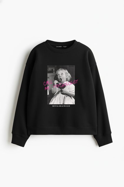 Call My Psychologist Printed Hoodless Relaxed Fit Women's Black Sweatshirt