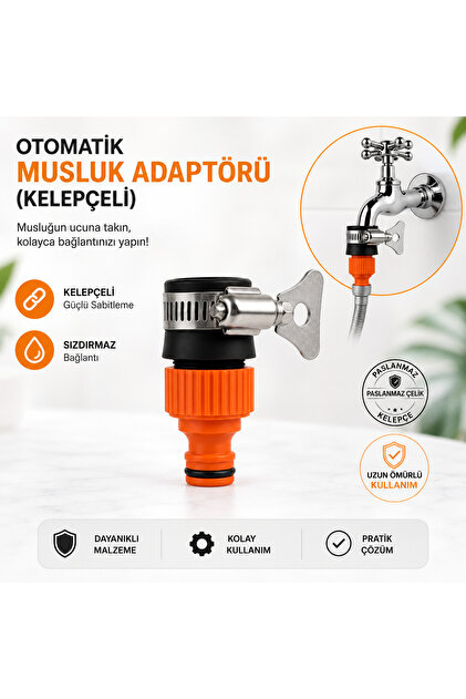 Otomatik Musluk Adaptörü Kelepçeli Hortum Bağlantı Aparatı Pratik Musluk Ucu Adaptörü