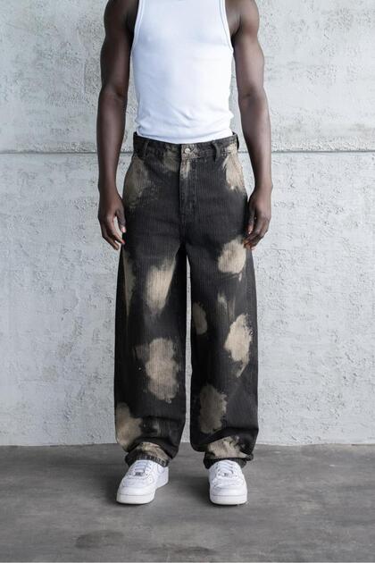 Men's Baggy Striped Baloon Fit Jean Trousers Black