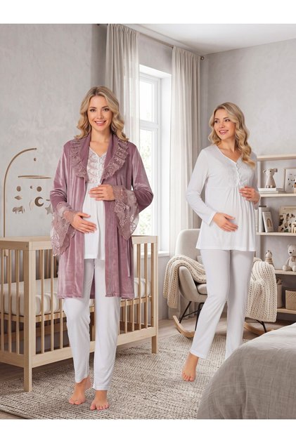 New Season Dusty Rose Velvet Robe Winter Long Sleeve Special Design Breastfeeding Friendly Maternity Robe Pajama Set