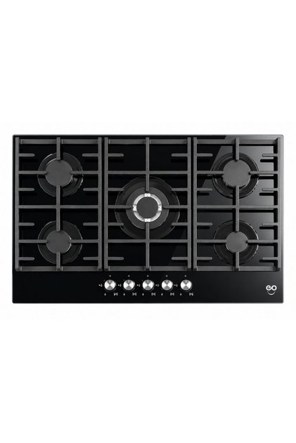 90cm Built-In Gas Hob, 5 Burners, Black Tempered Glass, Cast Iron Pan Supports, Triple Ring Wok Burner, Auto Ignition, Flame Failure Safety Device, 11kW