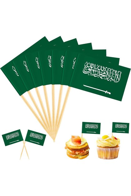 ١٠٠ قطعة من أعواد الأسنان المزينة بعلم المملكة العربية السعودية، أعلام صغيرة لتزيين الكب كيك، زينة لتقديم المقبلات