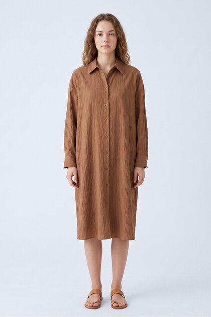 Kamel Oversize Textured Fabric Buttoned Casual Tunic