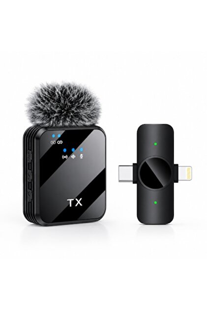 Microfon Lavalieră Wireless 2.4G, cu Anulare a Zgomotului, USB-C + Lightning, Plug & Play, Compatibil cu iPhone și Android, Pentru Vlogging, Streaming Live, Interviuri, Negru