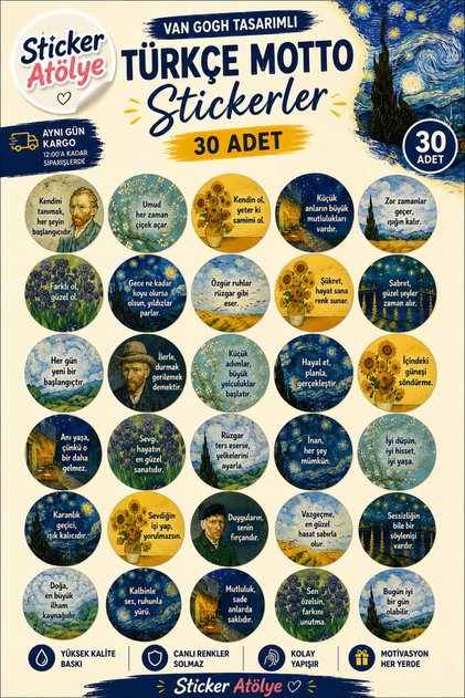 Van Gogh Designed Turkish Motto Sticker Set – 30 Round Motivational Stickers – for Notebook, Laptop, Agenda, and Water Bottle