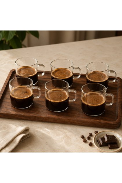 6'lı 125 ml Borosilikat Cam Türk Kahvesi ve Espresso Fincanı Seti Kulplu Şeffaf