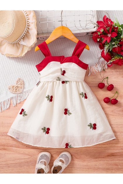 Girls Embroidered Cherry Strappy Dress
